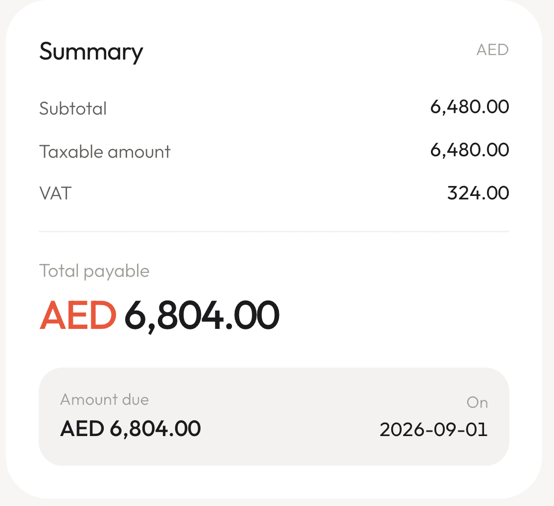 Invoice summary showing subtotal, taxable amount, VAT and total payable, with the amount due and its date.