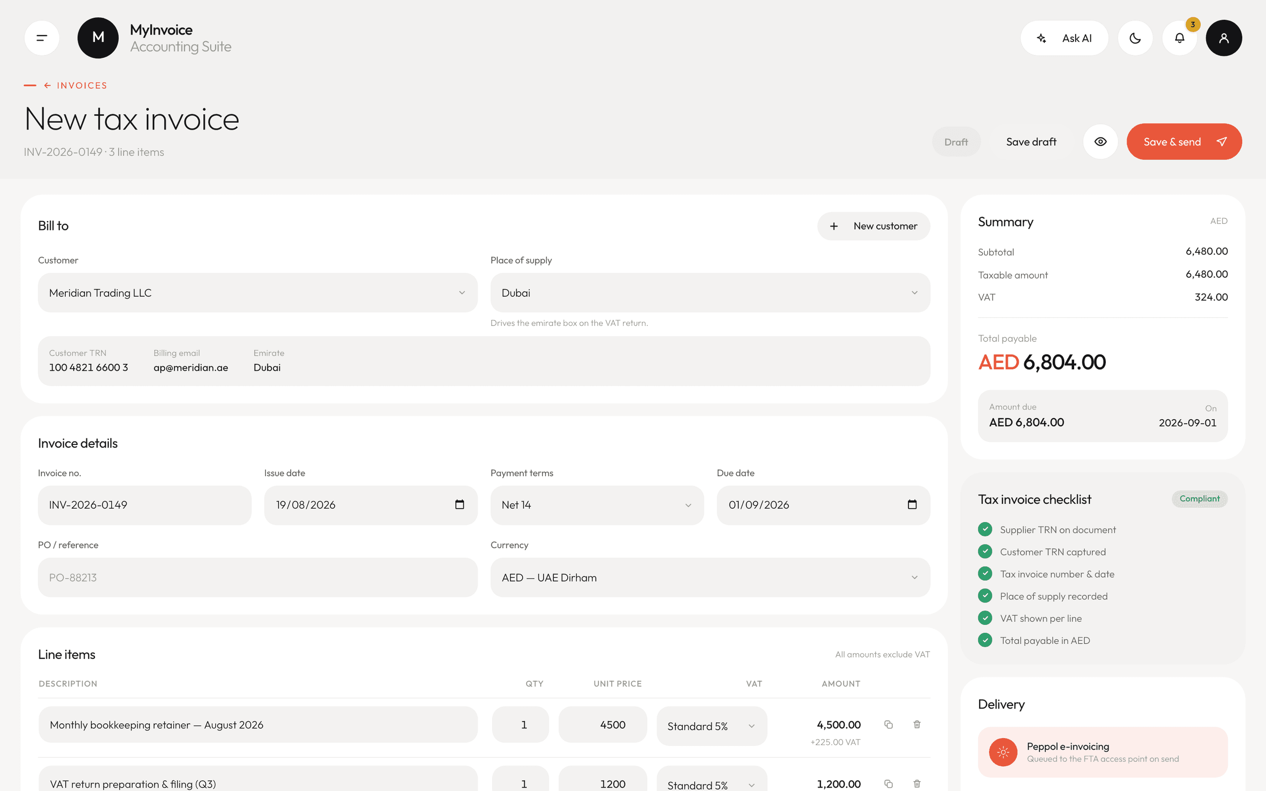 The new tax invoice screen: customer and place of supply, invoice details, line items with per-line VAT, and a summary with a compliance checklist.