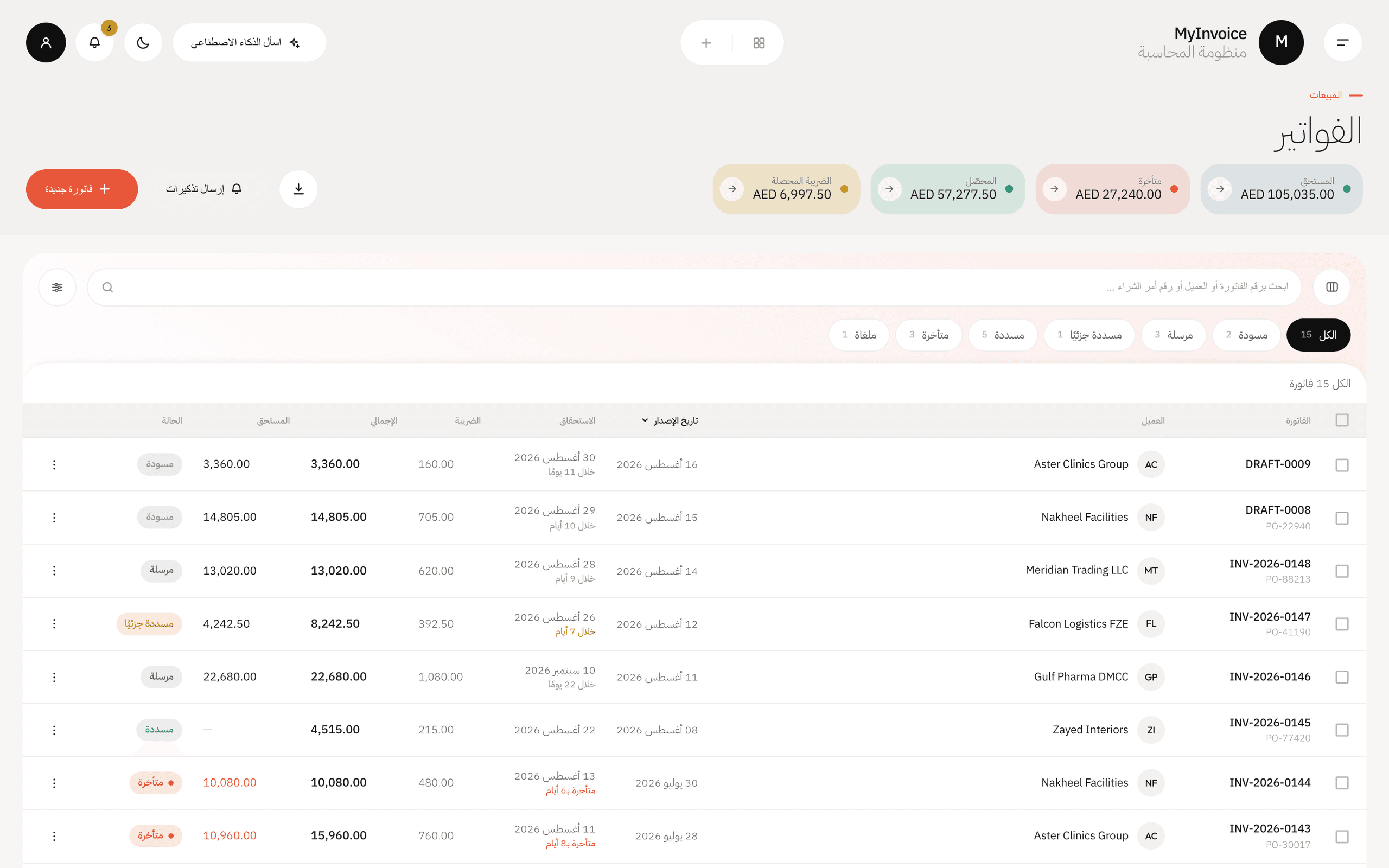 The same invoice register in Arabic, with a fully mirrored right-to-left layout.
