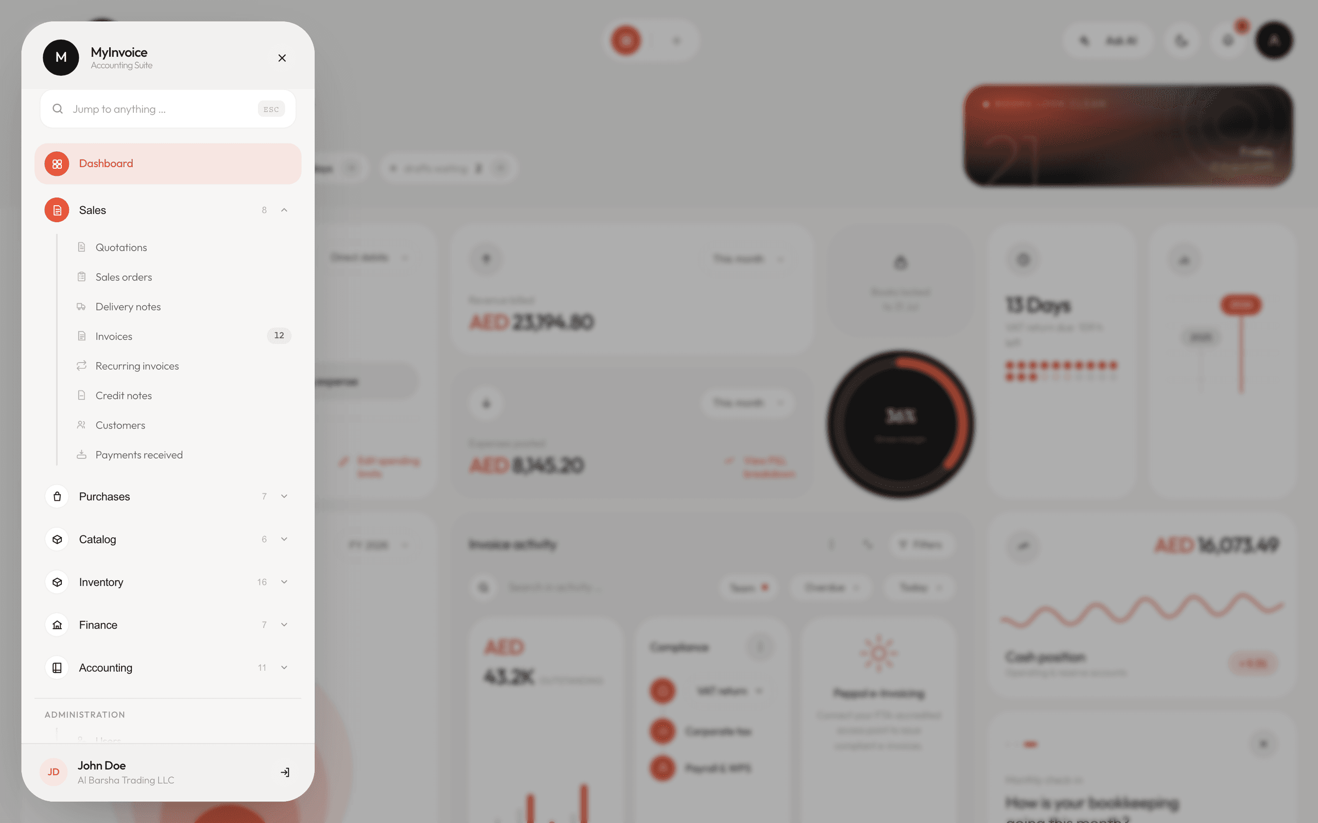 The module navigation drawer listing Dashboard, Sales, Purchases, Catalog, Inventory, Finance and the rest.